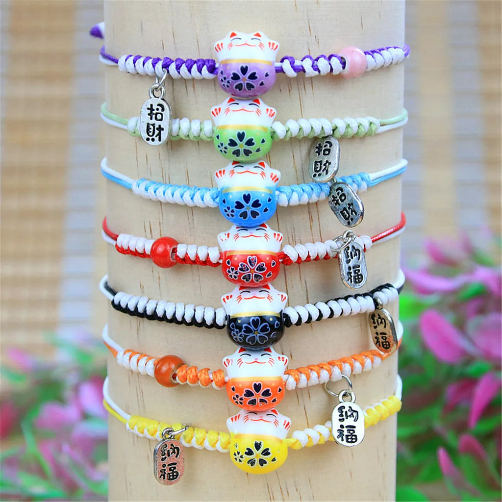 2023 Charm Versatile Lovely Cat Ceramic Woven Bracelet Couple Cute Japan Lucky Kawaii Pendant Rope Chain Jewelry Gift Wholesale Qme
