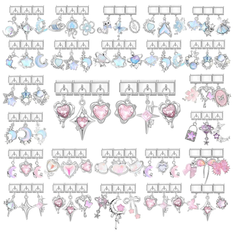 3PCS Pink Zircon Series Heart Shiny CZ Italian Charm Link Fit 9mm Stainless Steel Bracelet Women Men DIY Making Dropshipping Qme