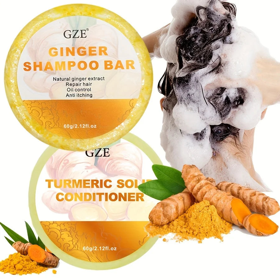 GZE Ginger Shampoo Bar Soap and Turmeric Solid Conditioner Hair Set for Thinning, Lock in Moisture & Shine and Control Frizz. Qme