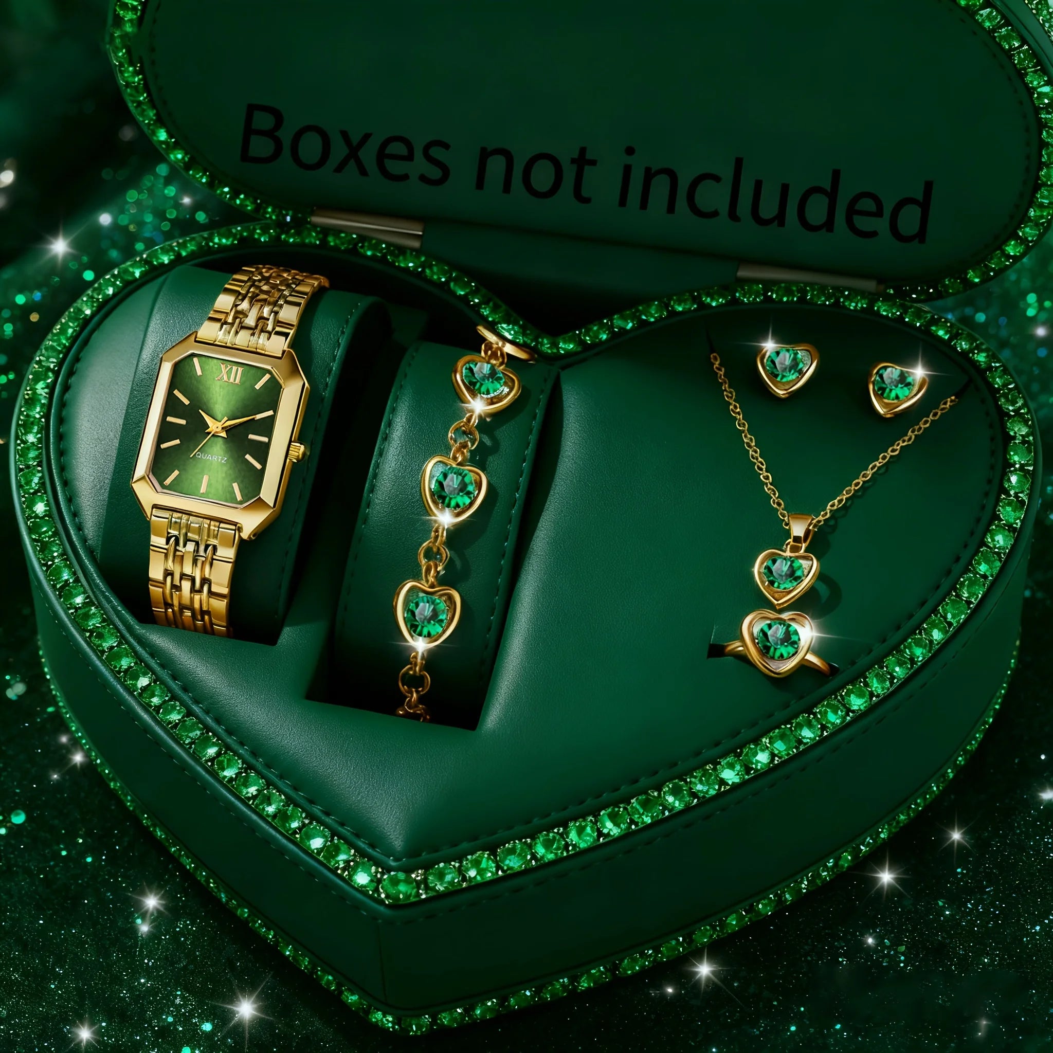 6pcs/set Elegant Rectangle Women Watches Heart Pendant Jewelry Set Ladies Quartz Wristwatch Reloj Mujer（Without Box） Qme Golden Green No Box