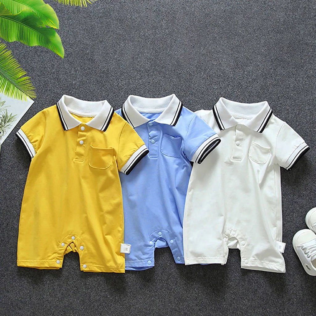 Baby Boys And Girls Summer Lightweight Solid Color Short Sleeve Turn-Down Collar Pocket Romper Convenient Casual Basic Playsuits Qme