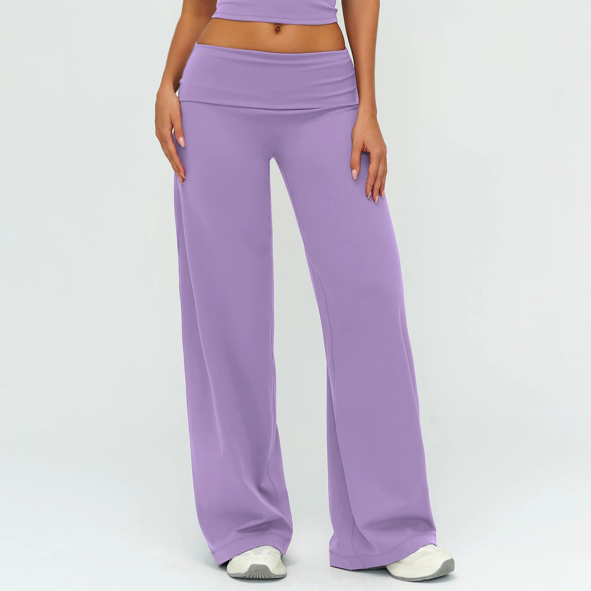 A Gym Pilates Running Workout Pants Women Low Waist Straight Leg Trousers with Fold Waist Nude Feeling Soft Yoga Underwear Qme Lilac Purple M