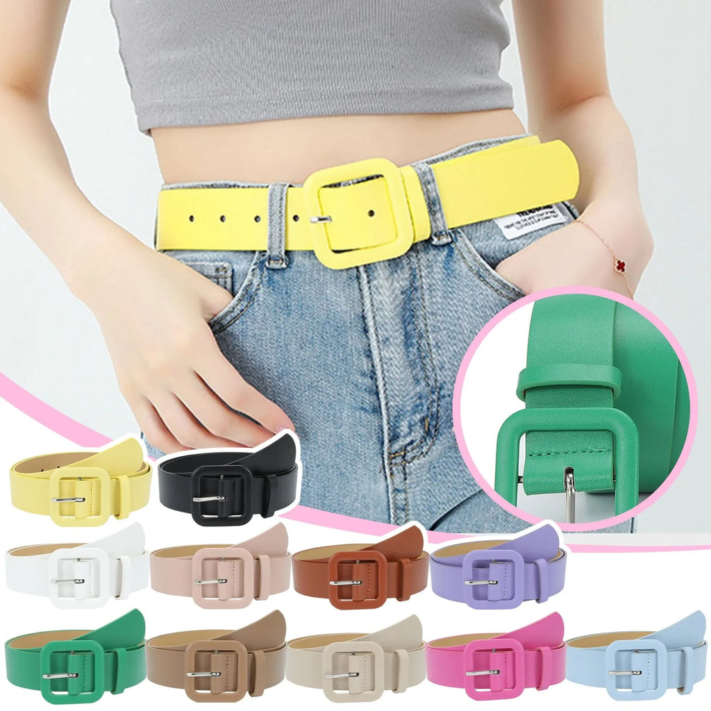 Ladies' Square Buckle Candy Colored Decorative Belt Fashionable Casual Versatile PU Leather Wide Belt Daily Dress Up Accessories Qme