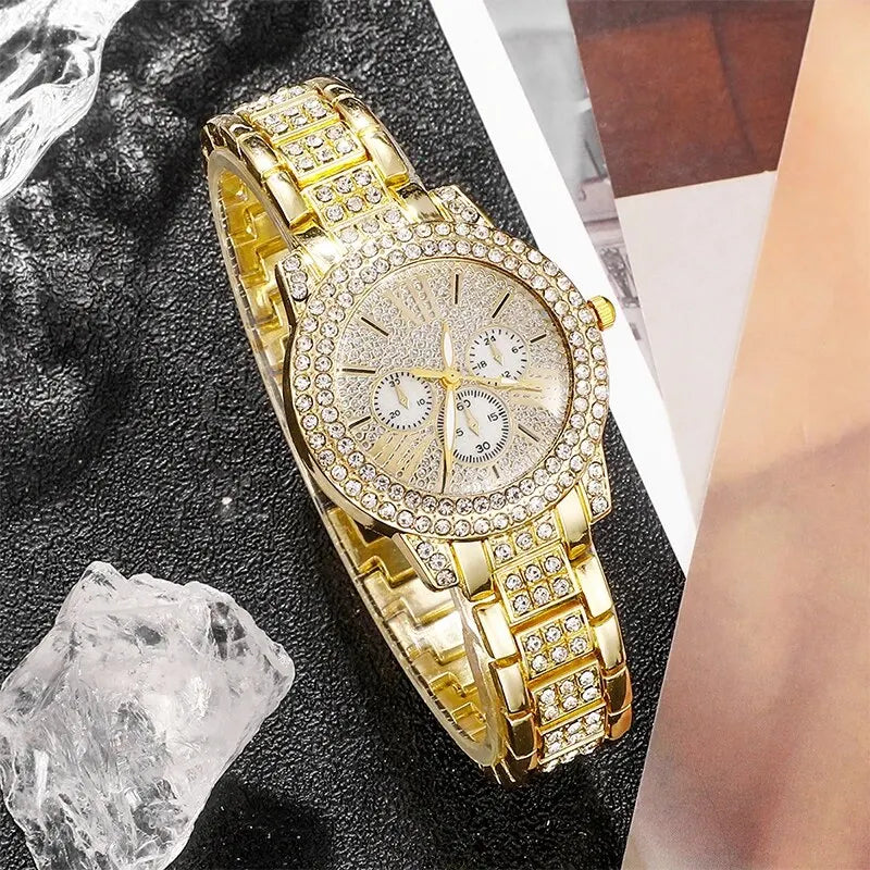 Women's Quartz Watch Gold Luxury Women Ring Necklace Earring Rhinestone Fashion Wristwatch Casual Ladies Watches Jewelry Set Qme