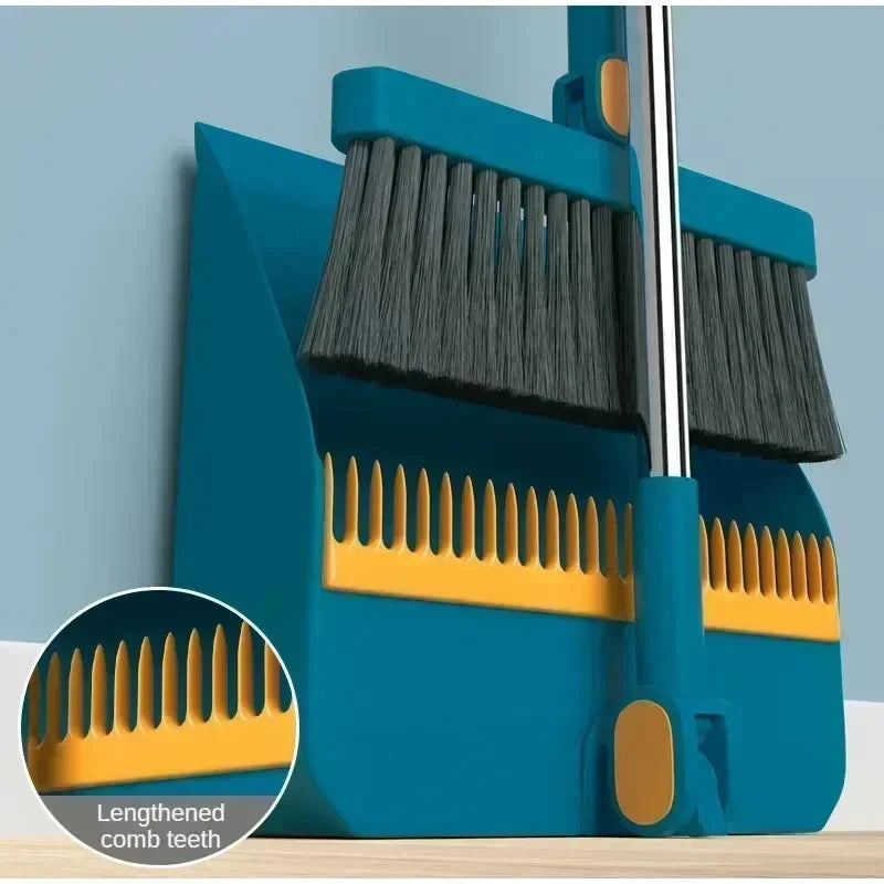 Long Handle Broom With Dustpan Set 180-Degree Angle Adjustment Stiff Bristles Buckle Type Broom Dustpan Set With Scraping Teeth Qme