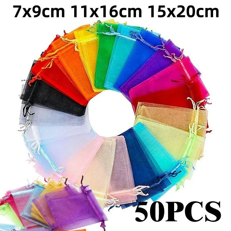 50pcs/Lot Multicolor Jewelry Packaging Bag 7*9 11*16 15*20cm Organza Bags Gift Storage Wedding Drawstring Pouches Wholesales Qme