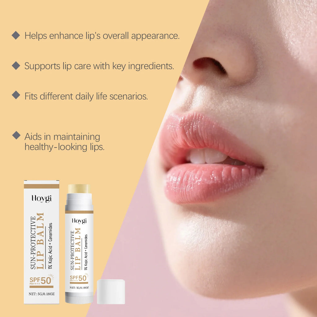 Sun Protective Lip Balm SPF50+ Hydrating Lip Sunblock Fade Lip Lines Nourishing Moisturizing Brighten with Kojic Acid Ceramide Qme