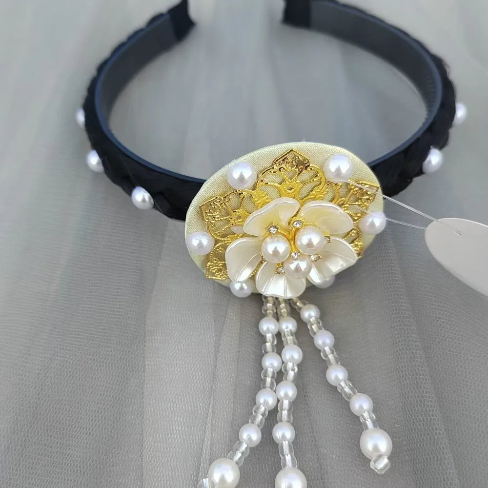 Fashion Flower Korean Headband Pearl Tassels Hanbok Hairband Qme gold