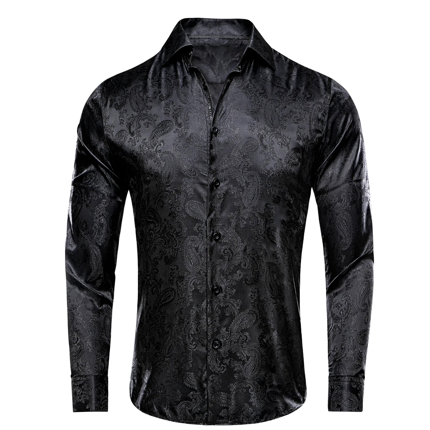 Hi-Tie Mens Shirts Silk Paisley Navy Blue Pink Black White Green Long Sleeve Lapel Shirt Casual Formal for Male Wedding Business Qme CY-1017 XXXL