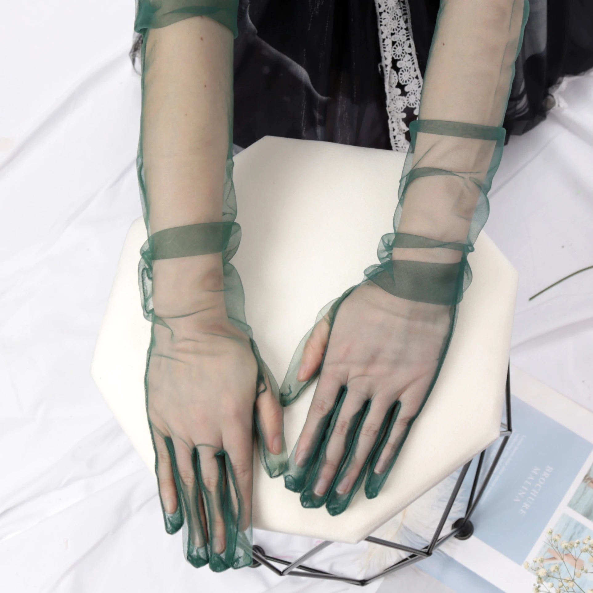 Women's Sexy Transparent Gloves Long Tulle Ultra Thin Full Finger Qme Black Green 55cm