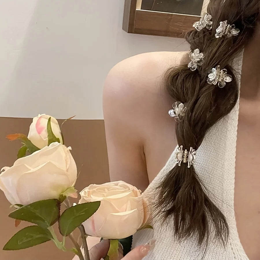 Cute Mini Flower Hair Clips, Transparent Crystal Hair Claw for Bangs & Side Hair Qme