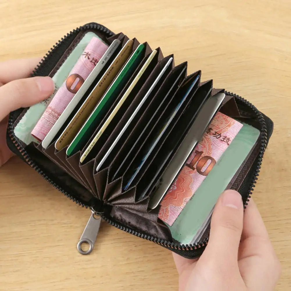 Multi Slot Card Holder Vintage Small Wallet Women Men Business Bank Credit Card Bag Male Coin Pouch Solid Leather Zipper Wallet Qme