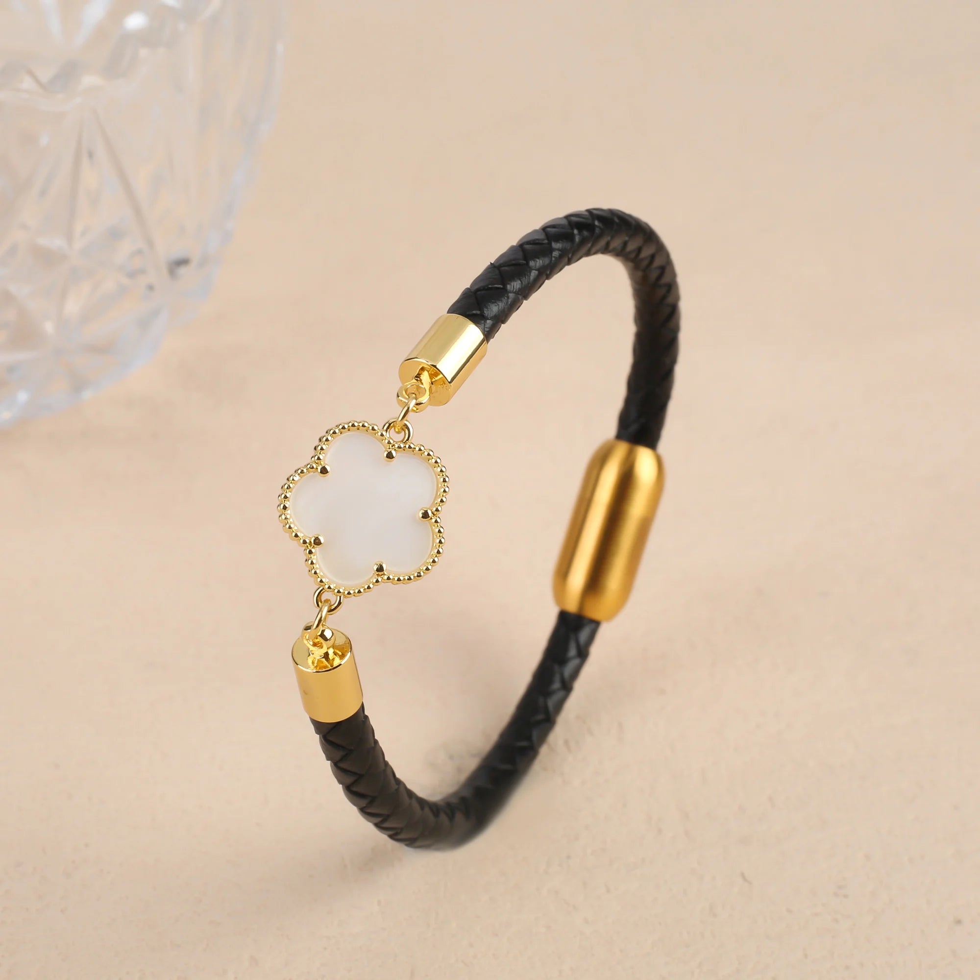 10 Colors Natural Gem Five-Leaf Flower Leather Bracelet Stainless Steel Magnetic Buckle for Women Flower Jewelry Free Shipping Qme