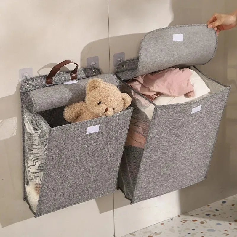 1pc Foldable Adhesive Laundry Basket Portable Laundry Basket Multifunctional Punch Free Wall Hanging Washing Clothes Mesh Hook Qme