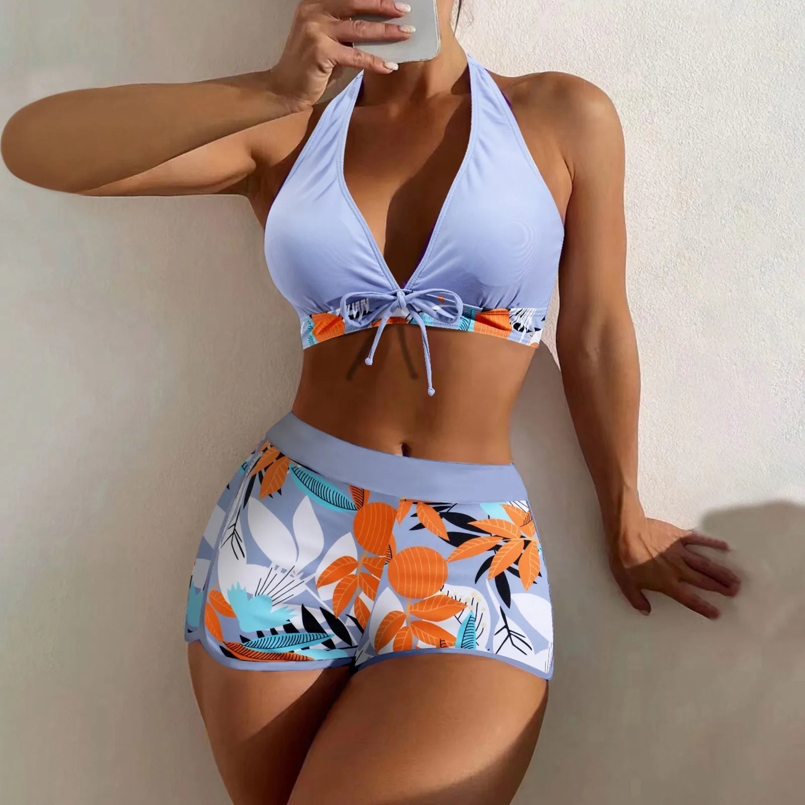 Women's Paneled Printed Swimsuit Ladies Fashion Sexy Split Boxer High Waist Swimsuit Two-Piece Set V-Neck Bathing Suits Female Qme Light Purple XL