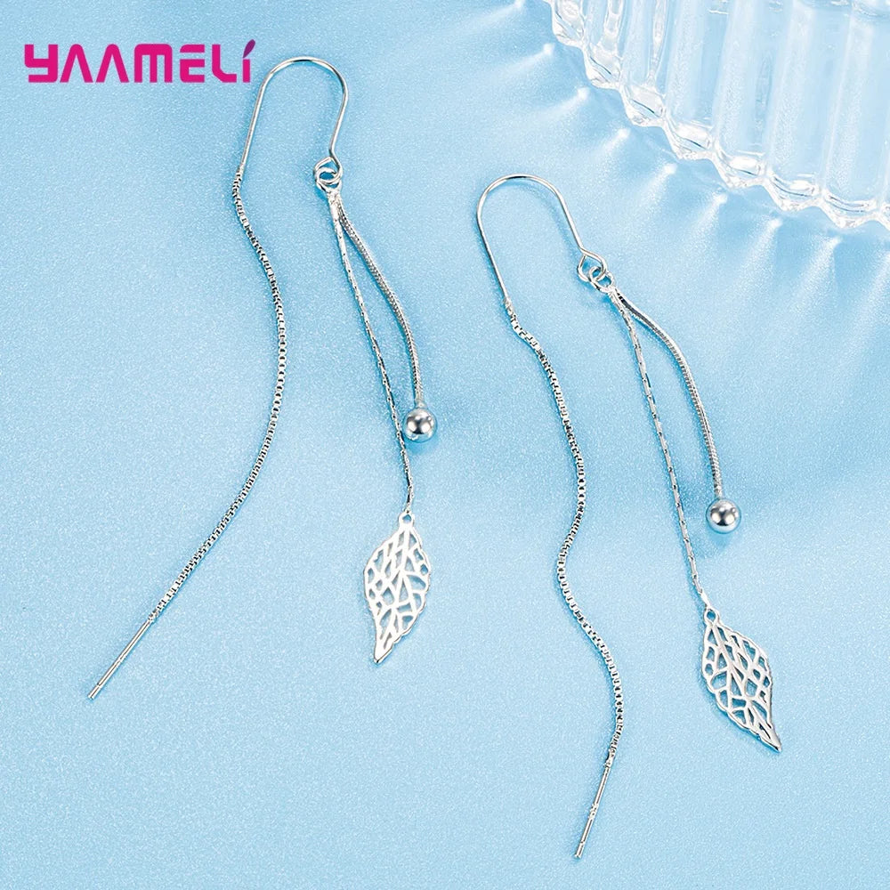 Fashion Jewelry 925 Sterling Silver Color Earrings Simple Leaf Tassel Long Box Chain Thread Pendientes Ear Decoration Ornaments Qme