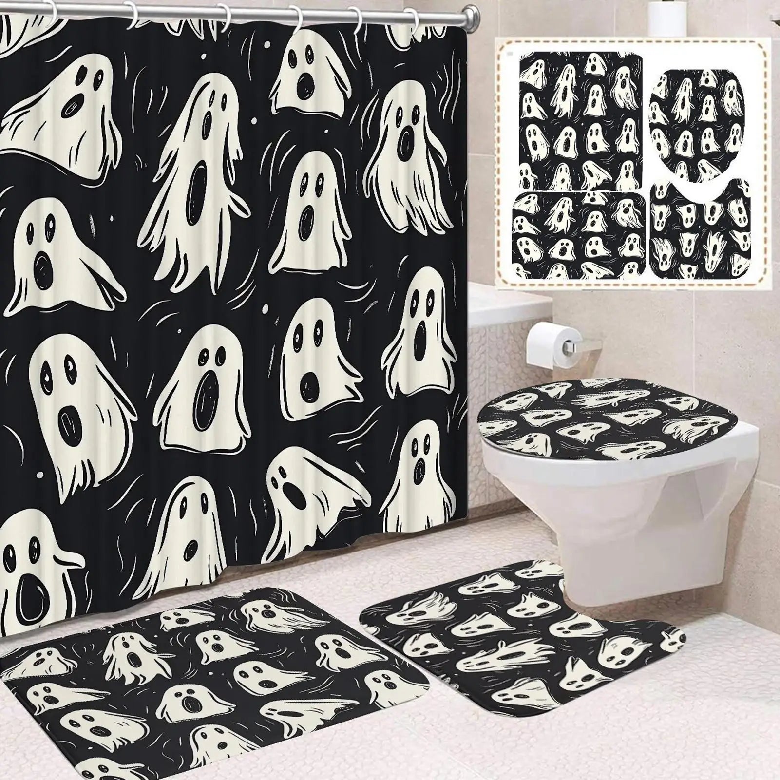Halloween Shower Curtains Bathroom Spooky Ghost Machine Washable Qme