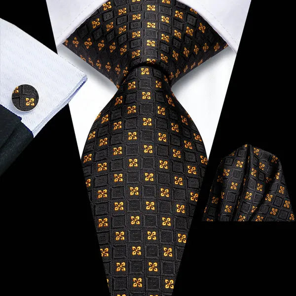 Complete Men's Tie Accessories Bundle: Classic Tie, Pocket Handkerchief, Cufflinks, Premium 3-in-1 Set for Office & Parties Qme DPTH-LDSN3877