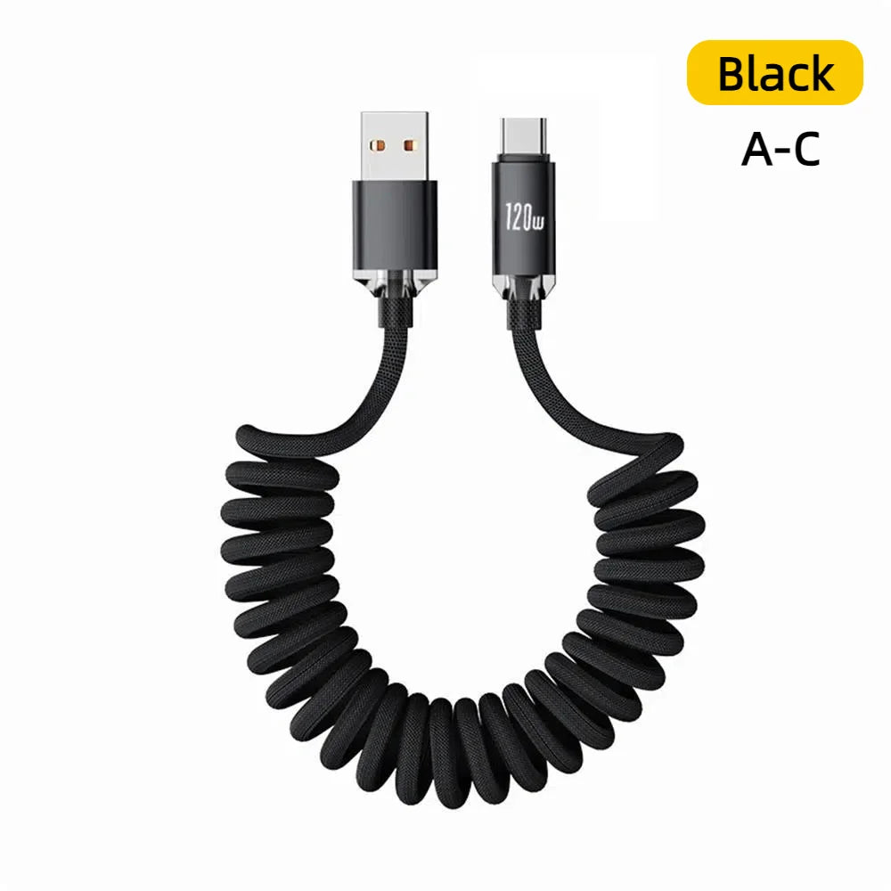 120W Car Spring Cable USB Type C Cable Retractable Spring Fast Charging Data Cord Dual PD Quick Charge Cable For iPhone Samsung Qme black A-C 2m