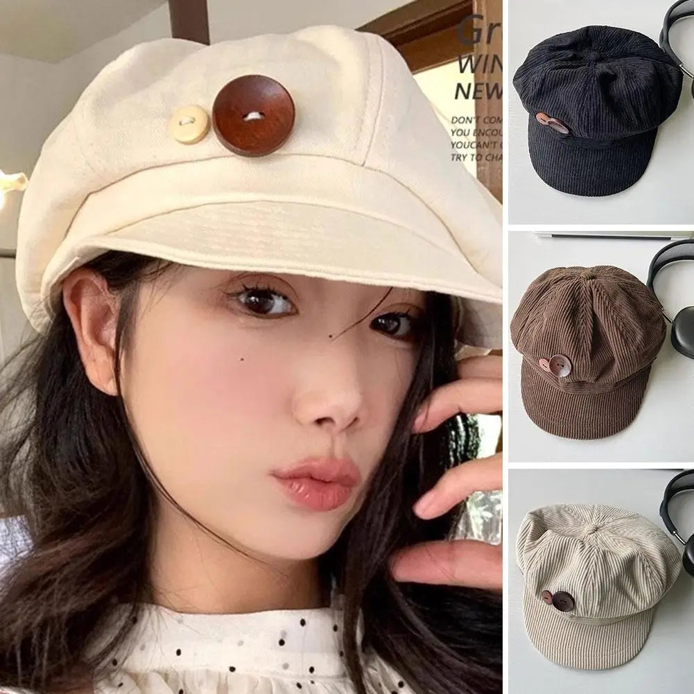 Retro Button Corduroy Octagonal Cap For Women Painter Artist Hat Japanese Girls Brown Peaked Caps Autumn Winter Berets Qme