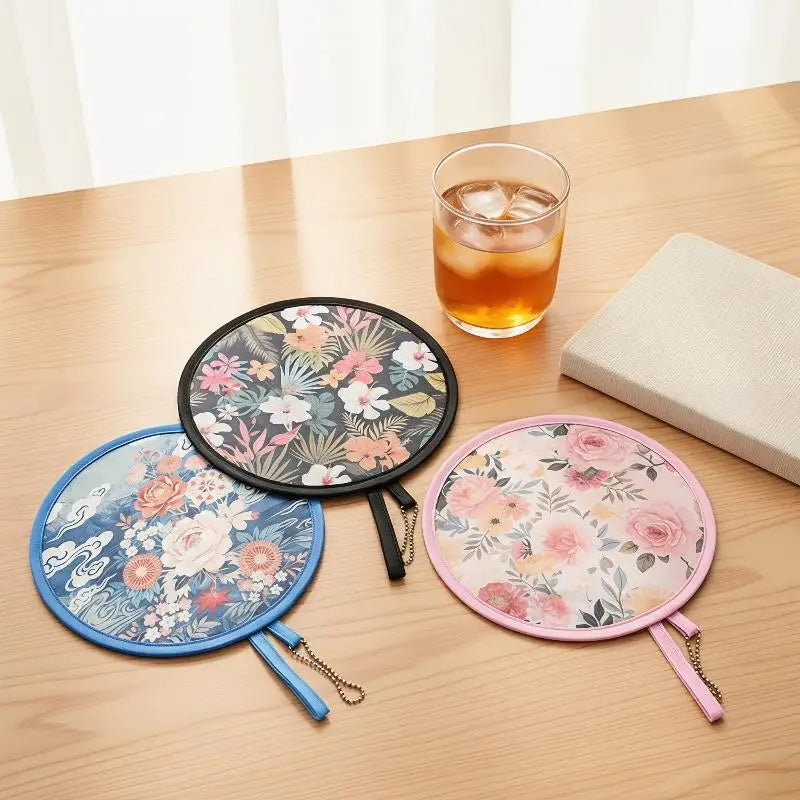 Mini Japanese Folding Fan Flower Pattern Pocket Collapsible Round Qme