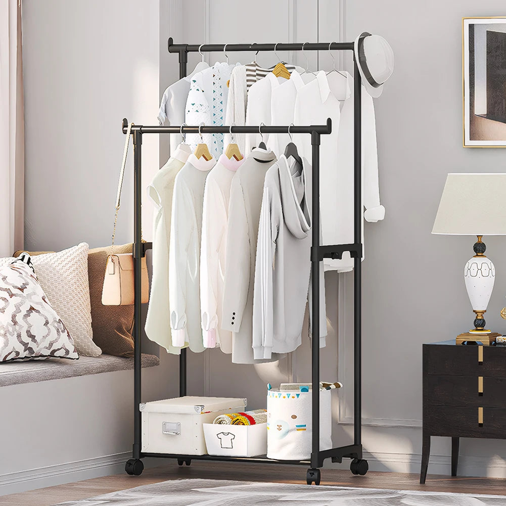 Double Rods Garment Rack Portable Clothes Organizer Clothes Rack with Wheels Clothes Hanging Rack for Shirt Coat Qme