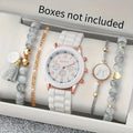 5pcs/Set Chic Women's Quartz Watch with Silicone Strap & Coordinating Marble-Pattern Bracelets Qme White