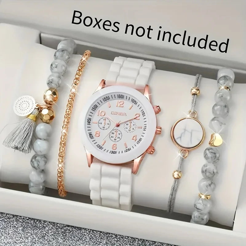 5pcs/Set Chic Women's Quartz Watch with Silicone Strap & Coordinating Marble-Pattern Bracelets Qme White