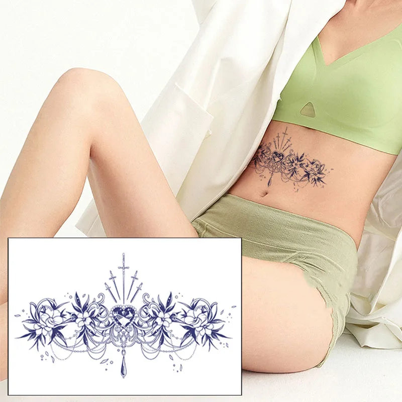 Diamond Flower Sexy Abdominal Realistic Tattoo Stickers, Colorful, Waterproof, Sweatproof, Disposable Temporary Stickers Qme