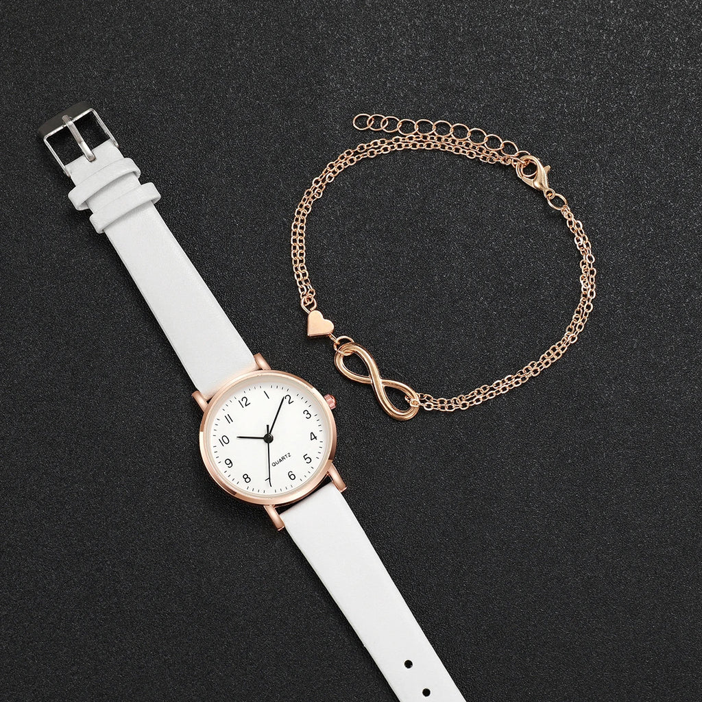 2Pcs Infinity Heart Watch Bracelet Set Women White Leather Round Dial Quartz Wristwatch Rose Gold Charm Bracelet Jewelry Gift Qme