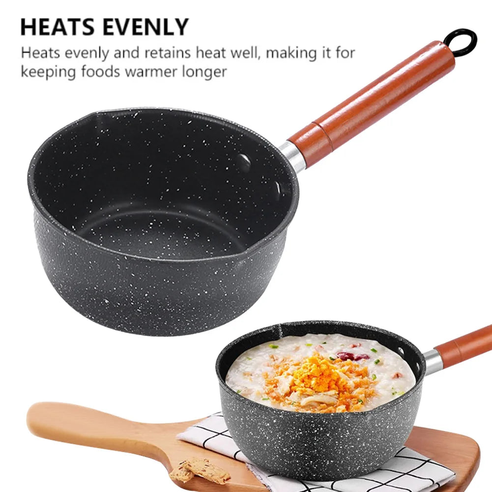 Non-Stick Sauce Pan Soup Pot with Pour Spout Milk Saucepan Wooden Handle Stick Proof Sauce Pan for Noodles Soups Hot Milk Qme