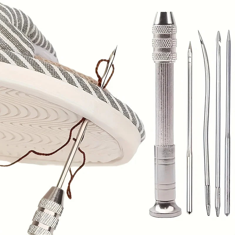Leather Sewing Needles Kit, Set Contains Silver Leather Sewing Awl, 4 Piece Needle Suitable for Leather Canvas Tent Qme 5PCS