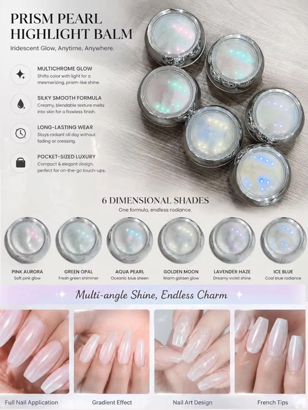 6-Piece Aurora Pearl Chrome Nail Powder Mirror-effect Polish Pigment Qme