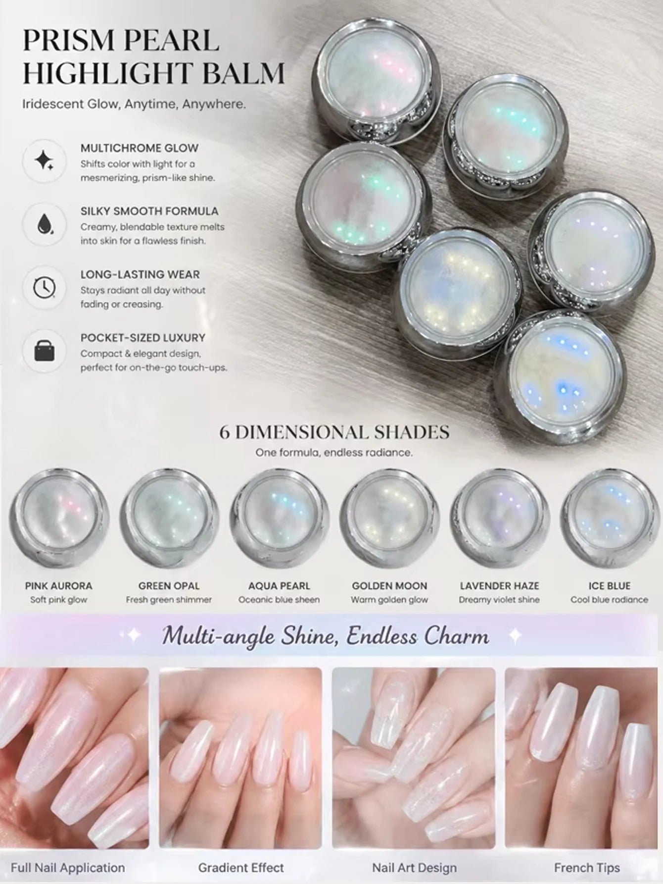6-Piece Aurora Pearl Chrome Nail Powder Mirror-effect Polish Pigment Qme