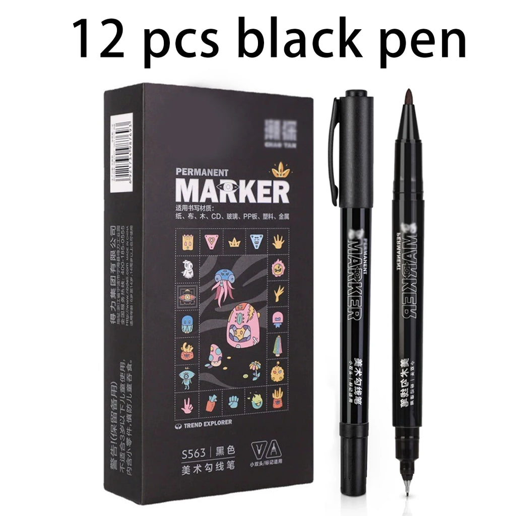 6/12PCS Black Permanent Markers Pens Manga Double Sided Colored Oily Ink Sketch Painting Art School Supplies Stationery Qme 12 black