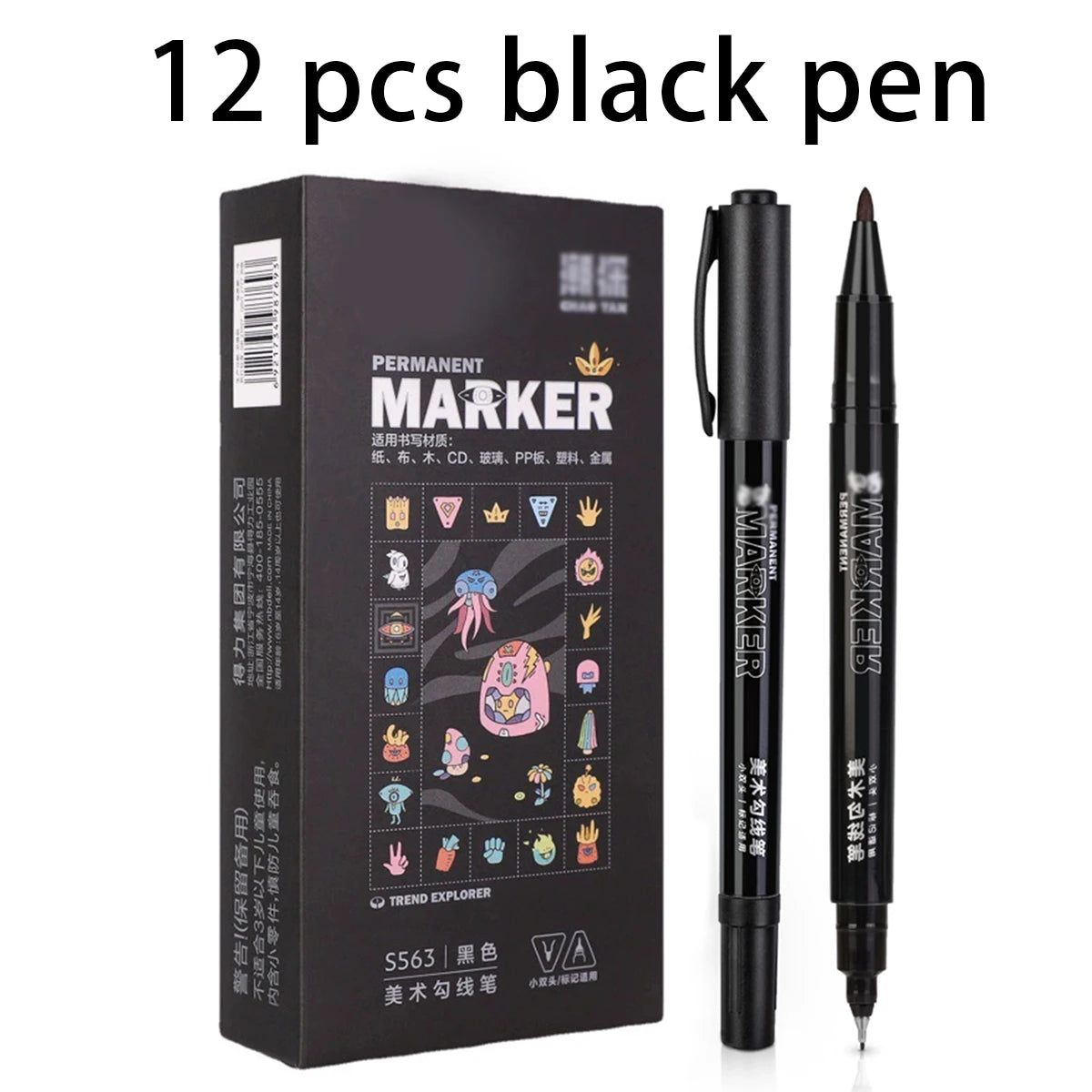 6/12PCS Black Permanent Markers Pens Manga Double Sided Colored Oily Ink Sketch Painting Art School Supplies Stationery Qme 12 black