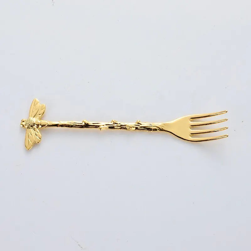 6pcs Stainless Steel Vintage Forest Style Coffee Spoon Dessert Spoon Dragonfly Branch Spoon Gift Craft Ice Cream Fork Spoon Set Qme 6pcs gold