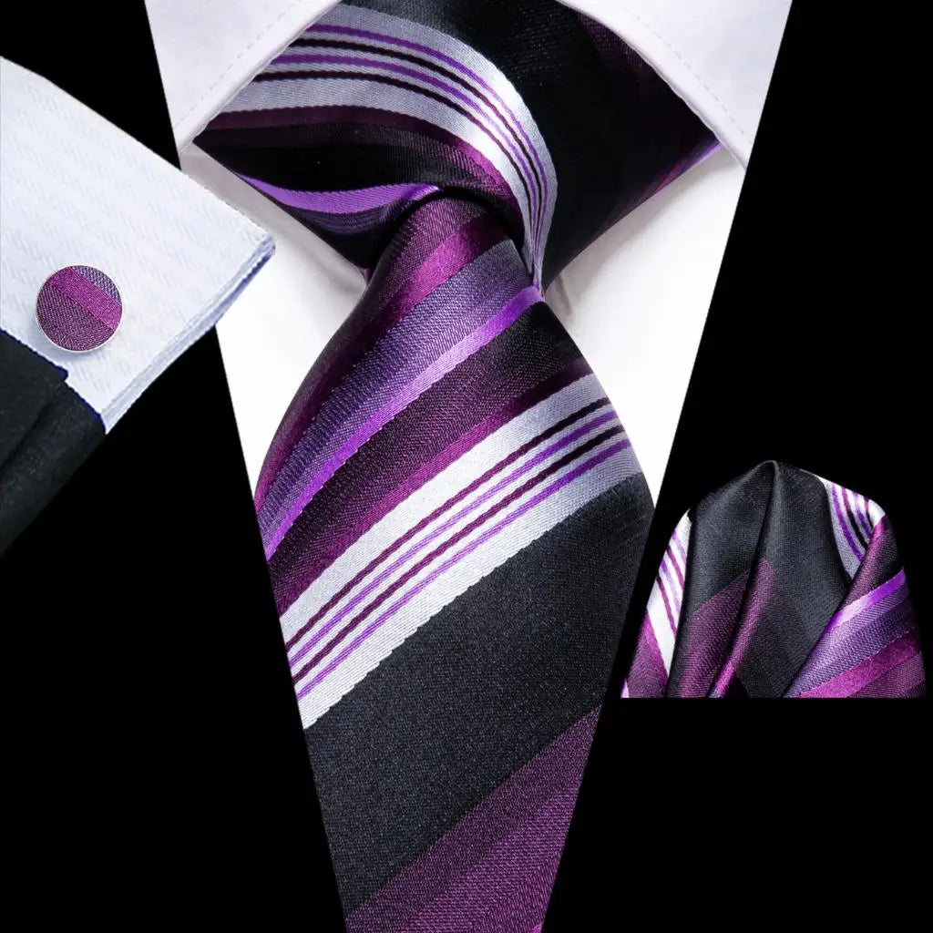 Hi-tie Striped Navy Blue Mens Fashion Necktie Handkerchief Cufflinks