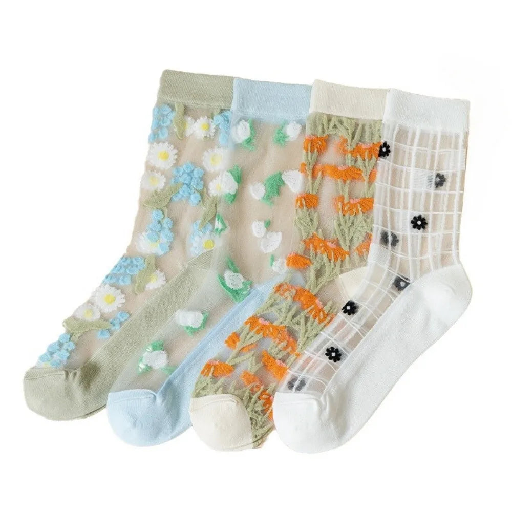 Cute Ultra-Thin Floral Embroidery Socks Crystal Silk Tulle Fabric Mesh Lace Socks Transparent Nylon Long Socks Summer Qme