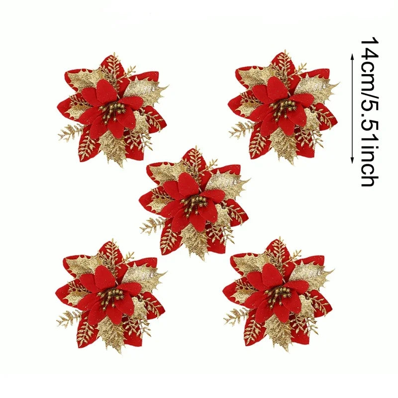 Glitter Christmas Flowers Xmas Tree Ornaments Christmas Decorations for Home 2025 Navidad Noel Natal Gifts New Year 2026 Qme Red Gold 5PCS