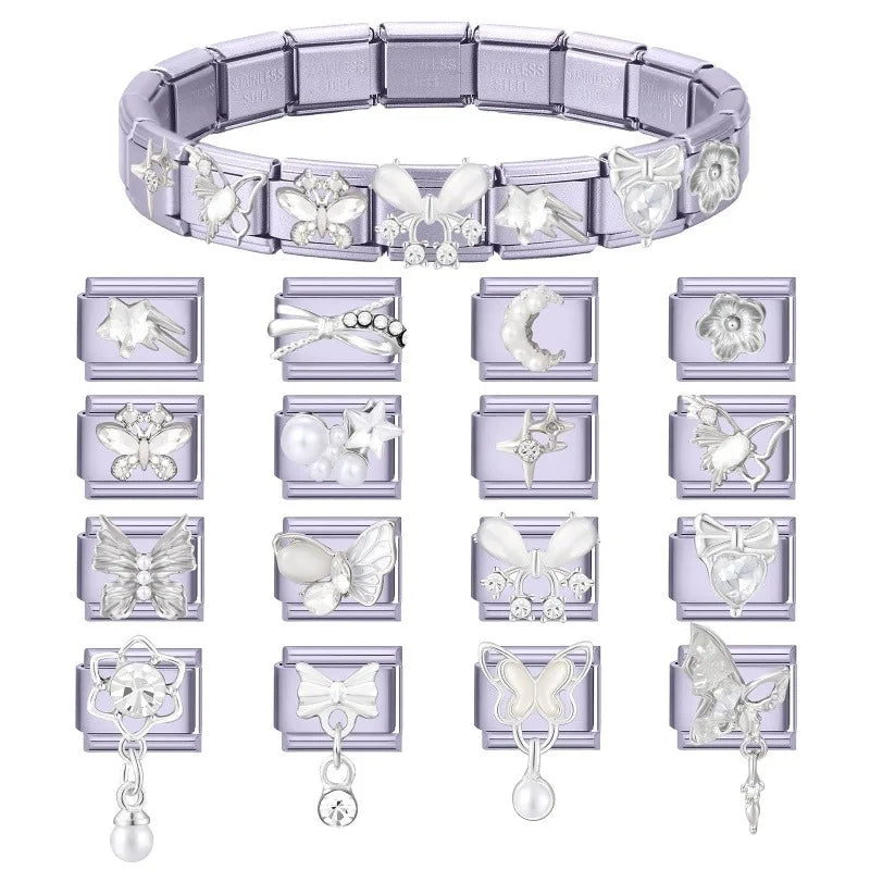 Shiny Zircon Butterfly Moon Stars Bow Purple Color Italian Charm Links Fit 9mm Stainless Steel Bracelet Women DIY Making Gift Qme