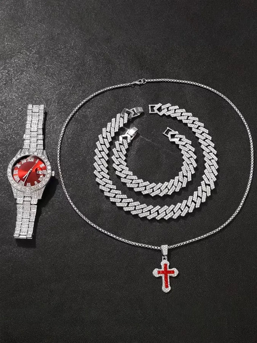 Classic Red Sunburst Dial Quartz Watch Multipack Full Rhinestone Cuban Bracelet Cross Necklace Male Street Hip Hop Jewelry Qme