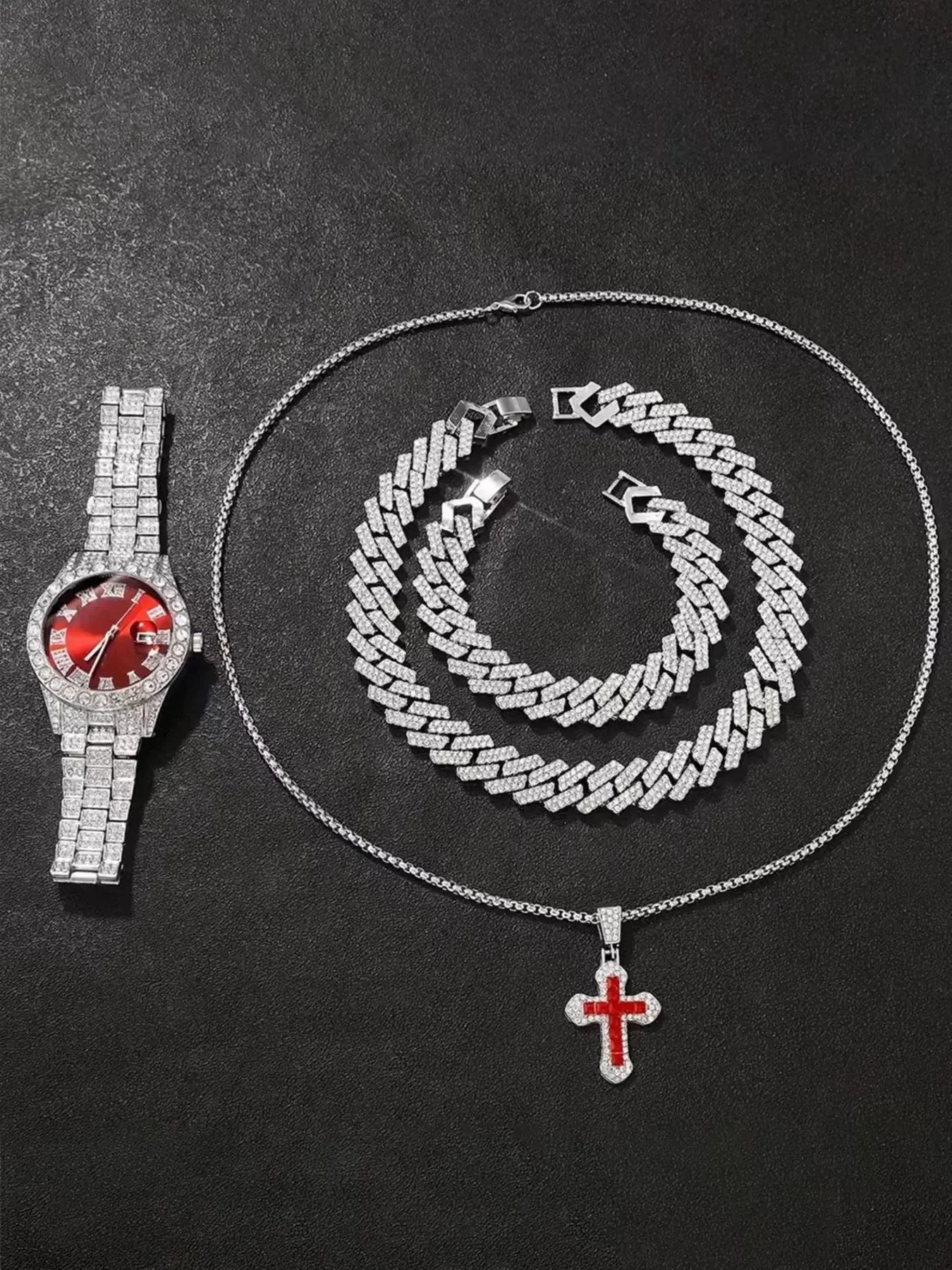 Hot Sale 4Pcs Silver Iced Out Men's Watch & Jewelry Set, Red Dial Watch + Cuban Chain + Bracelet + Cross Necklace, Hip Hop Style Qme