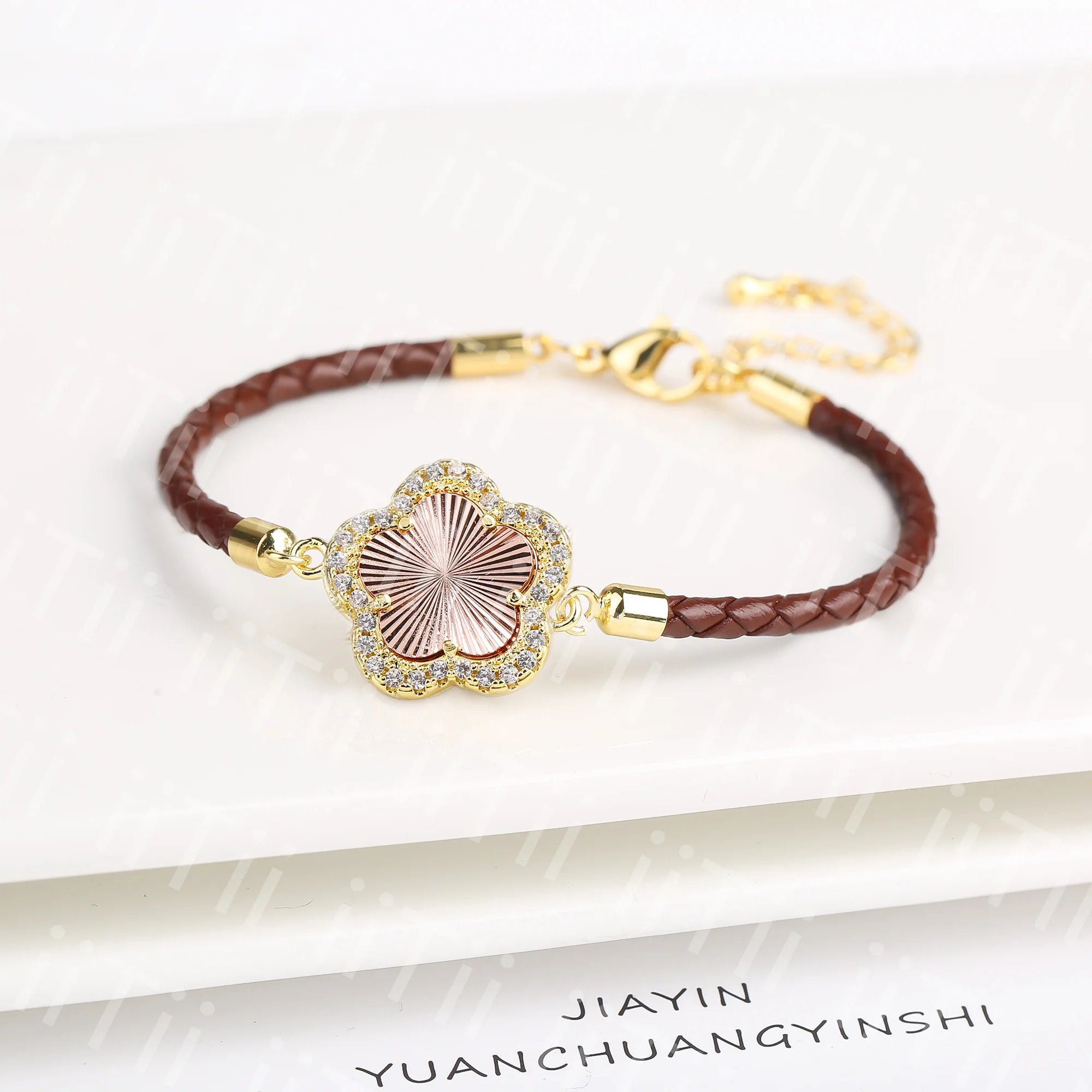 2024 Classic Shiny Zirconia Stone Five Leaf Flower Leather Braided