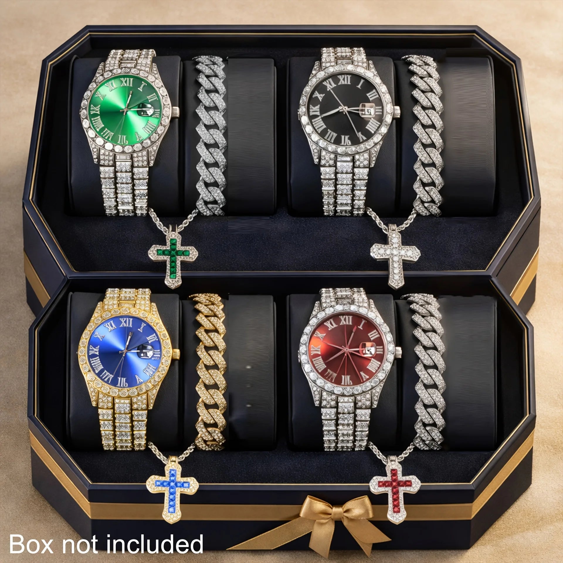 Men's Hip hop Cuban Chain Watch Set Hip hop Big Dog Chain Large Dial Roman Inlaid Diamond Men's Quartz Watch Qme