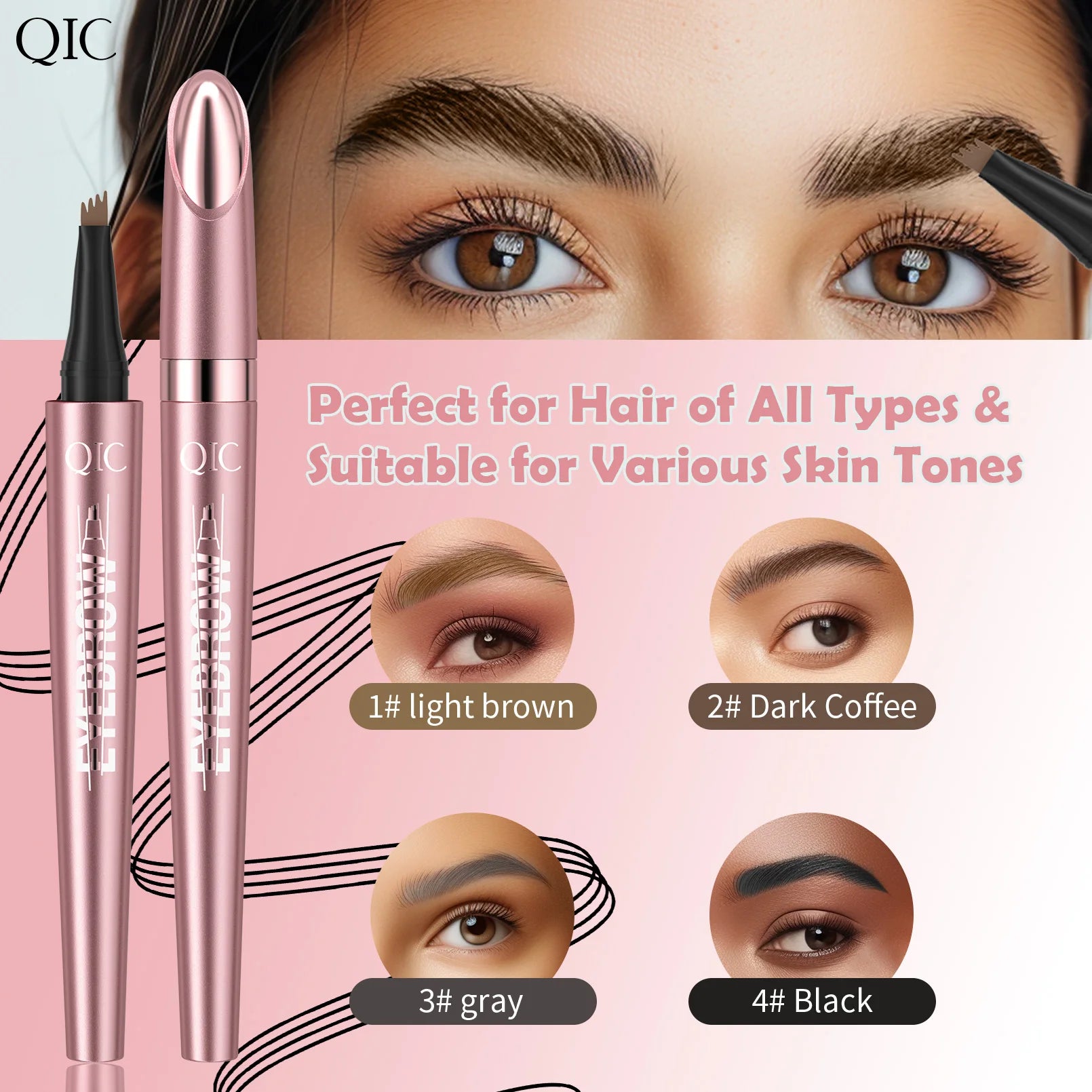 QIC Waterproof Microblading Eyebrow Pen - 4 Split Head, Natural Look Brow Makeup in 6 Colors for All Skin Types Qme