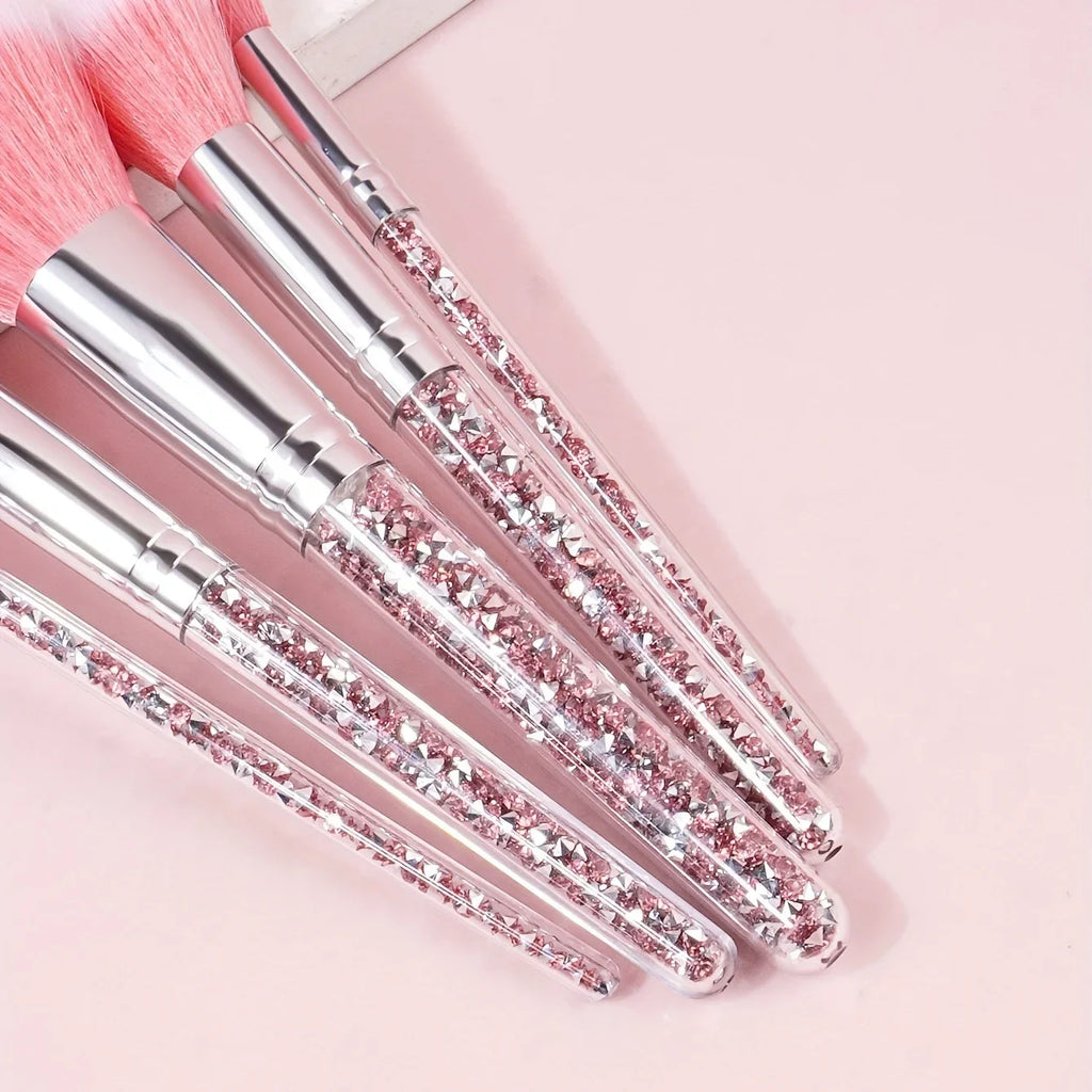 5pcs Makeup Brush Set With Fashionable Glitter Rhinestone Handle, Powder Brush Blush Brush Eyeshadow Brush, Qme