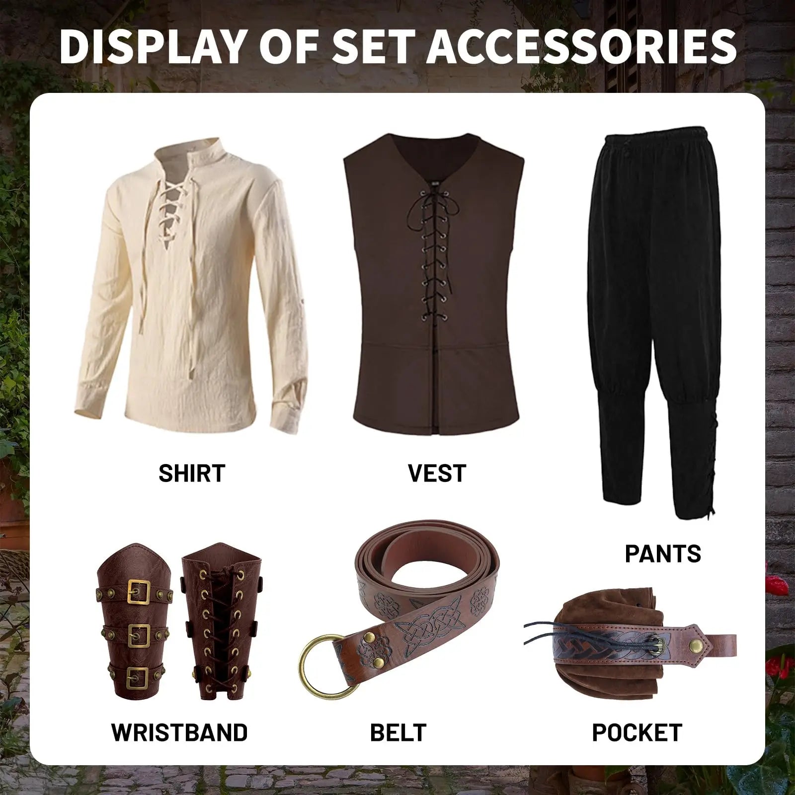 7PCS Mens Renaissance Costume Medieval Viking Outfit Pirate Shirt Pant Tunic Vest Belt Accessories for Halloween Qme