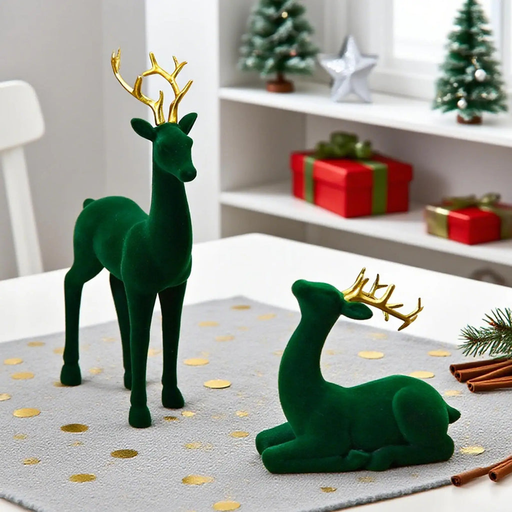 Christmas Deer Flocking Christmas Animals 2 Pieces Red And Green Aesthetic Standing Sitting Elk Statue For Workplace Bedside Qme