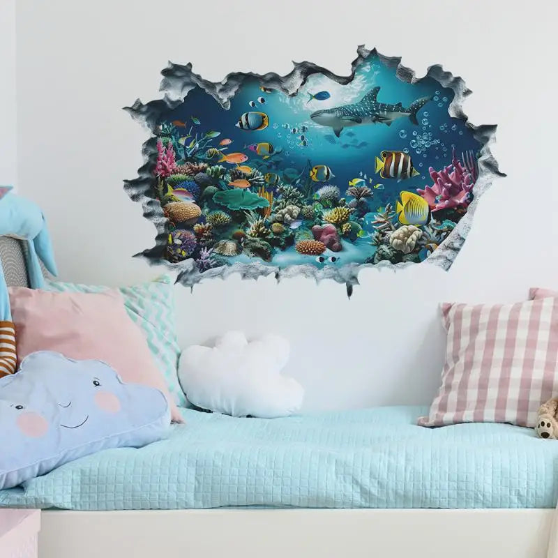 Kids Room Bathroom Kitchen Home Decor 3D Wall Stickers Shark Broken Qme